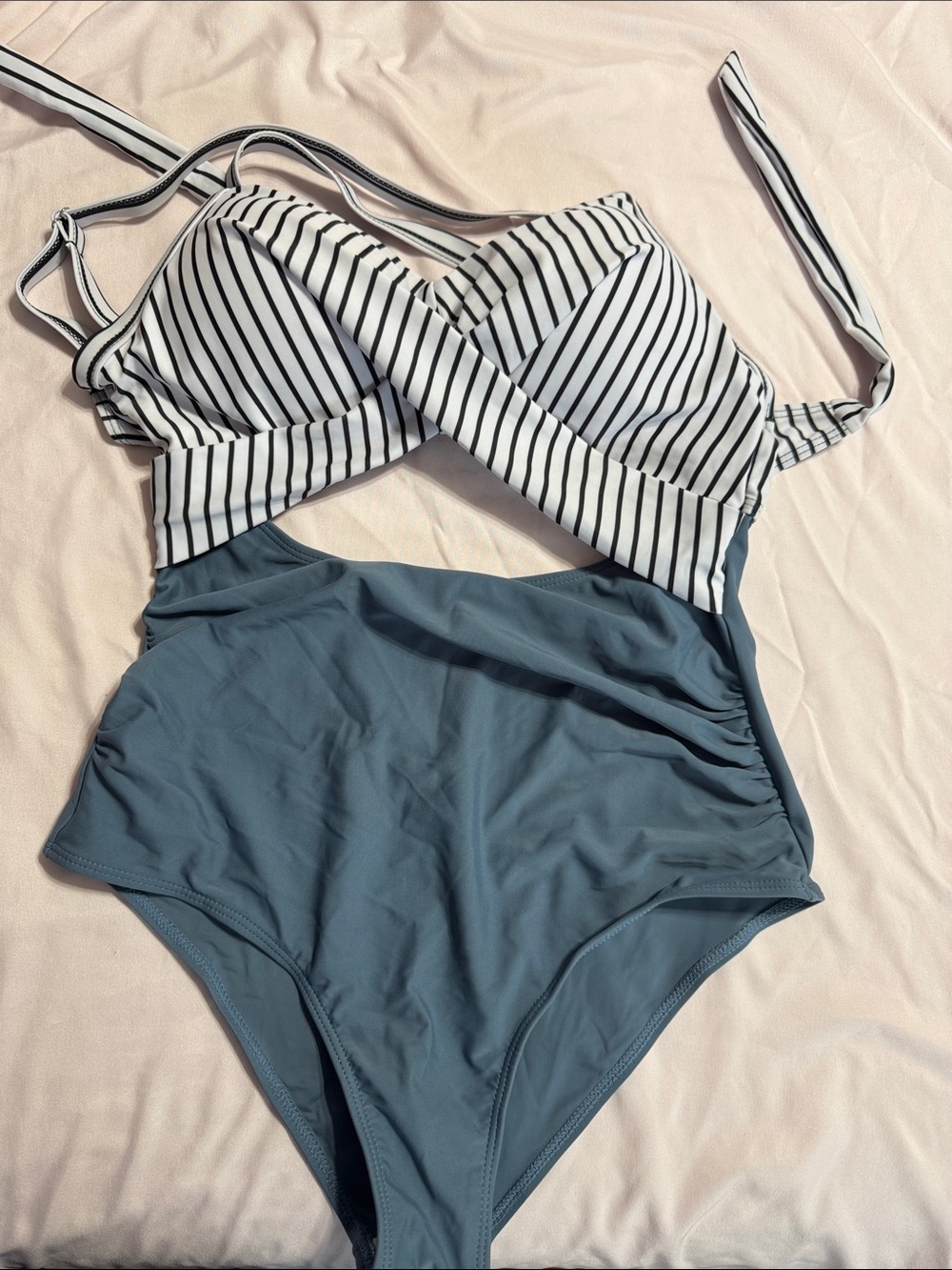 SHEIN Black & White Striped Top with Slate Blue One-Piece Swimsuit